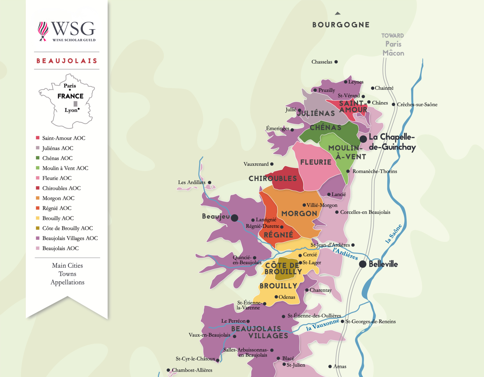 10 Crus Beaujolais, Saint-Amour, Juliénas, Chénas, Moulin-à-Vent, Fleurie, Chiroubles, Morgon, Régnié, Brouilly, Côte de Brouilly